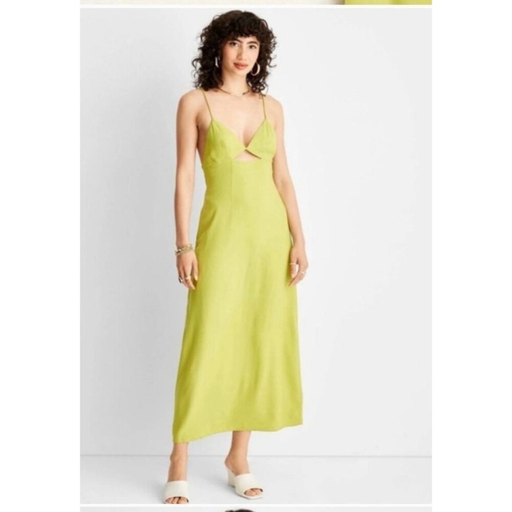 Womens Strappy Lime Green Maxi Dress Size 14 Boho Cut-Out Front & Open Back